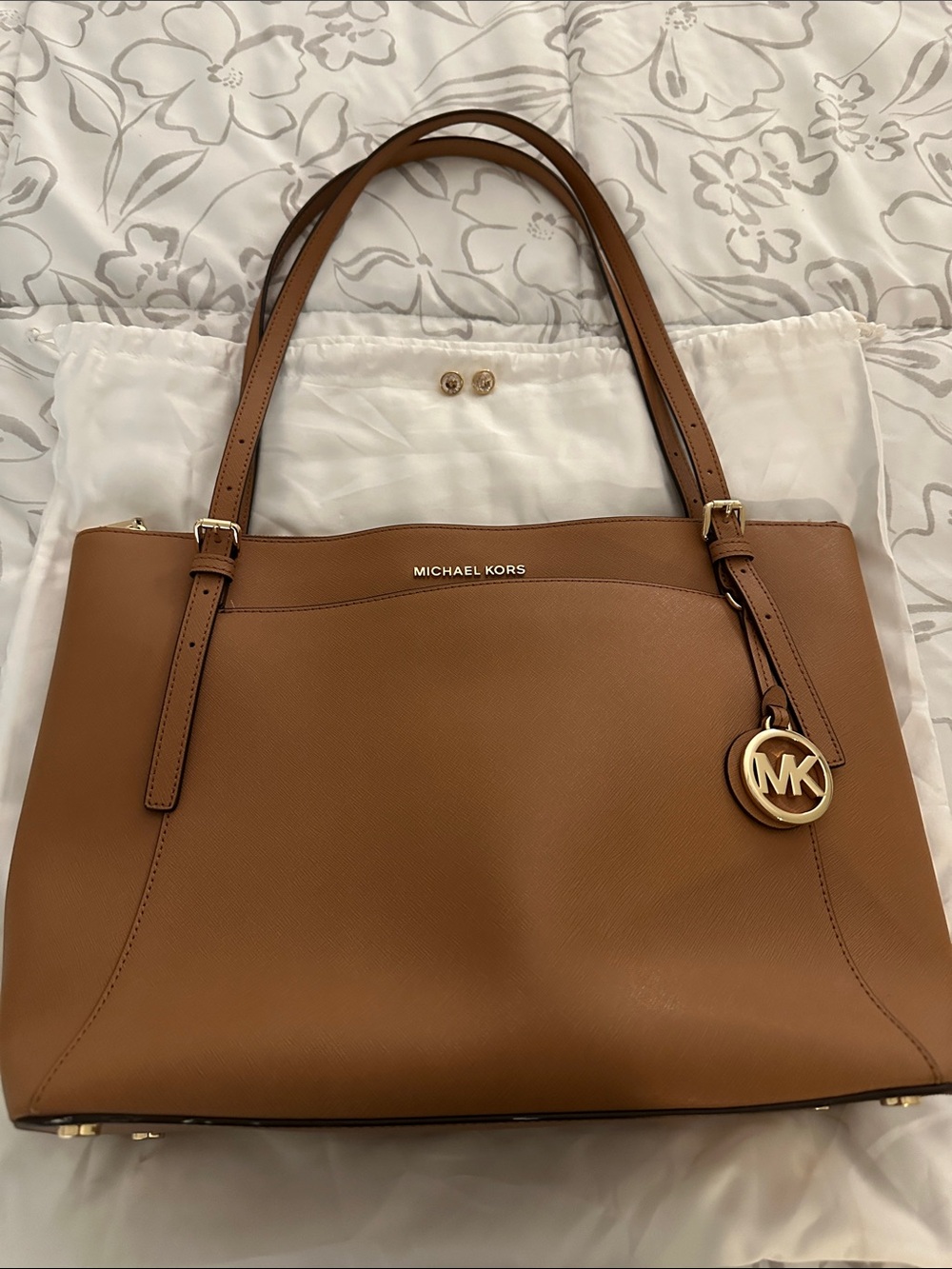 Michael Kors Brown Saffiano Leather Tote with Gold Logo Charm & MK Earrings